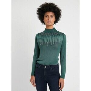 Boston Proper Sweater M Green Ribbed Knit Beaded Sparkly‎ Mock Neck Pullover